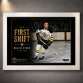 White framed Willie O'Ree hockey wall art featuring The First Shift design for a clean sports room or office display.