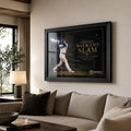 Freddie Freeman wall art displayed in a warm modern living room above a neutral sofa for Dodgers fans.