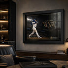 Freddie Freeman baseball wall art in a dark luxury man cave with bar shelving and leather seating.