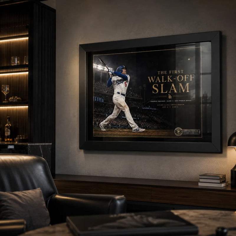 Freddie Freeman baseball wall art in a dark luxury man cave with bar shelving and leather seating.