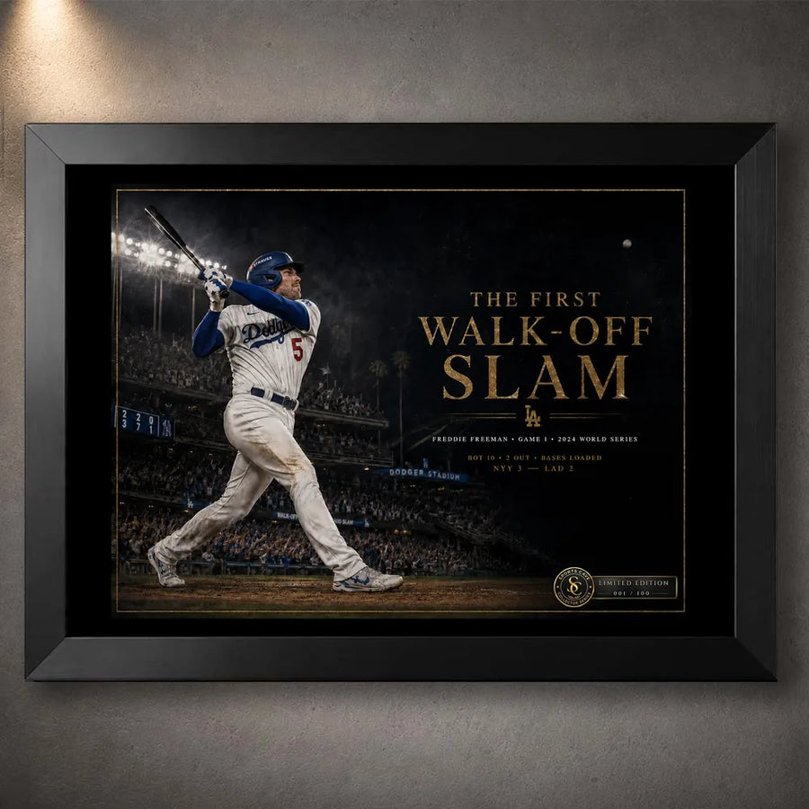 Black framed Freddie Freeman wall art featuring the 2024 World Series walk-off slam for a baseball collection.