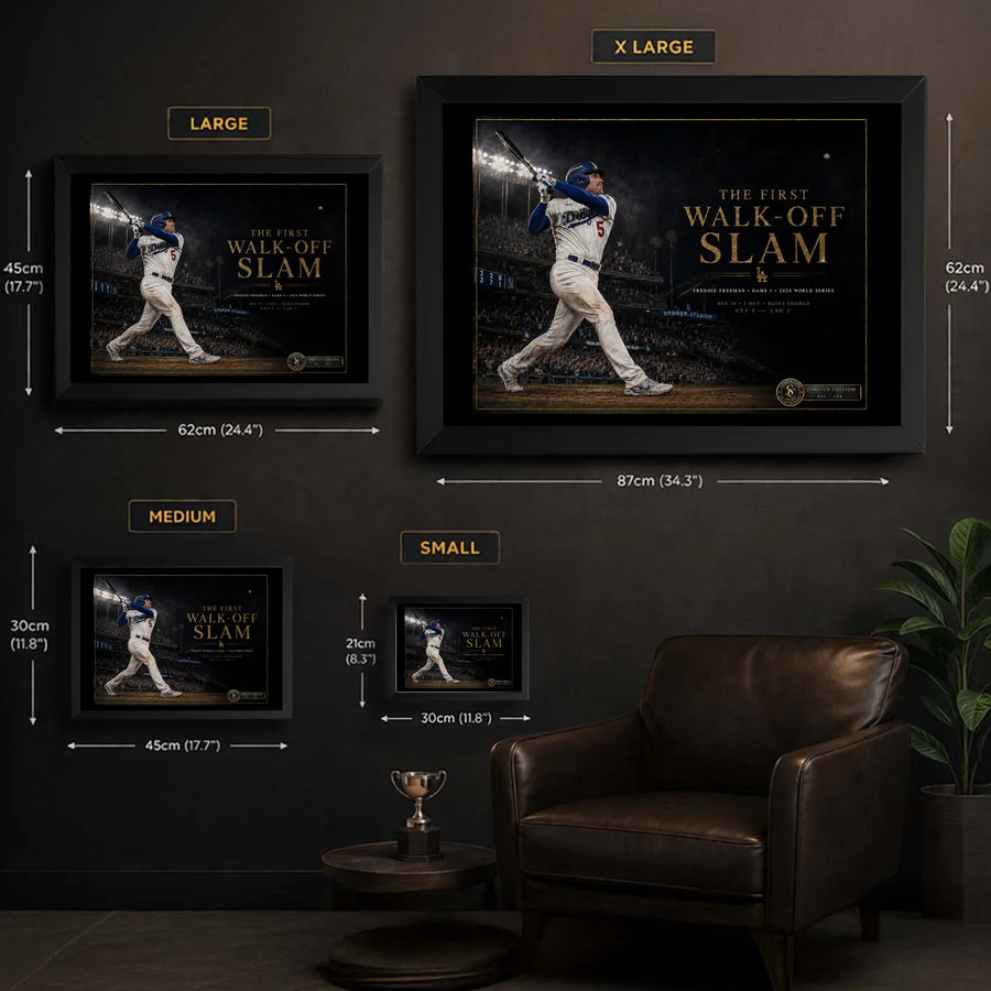 Freddie Freeman wall art size guide showing XL, L, M and S framed dimensions for the collector print.
