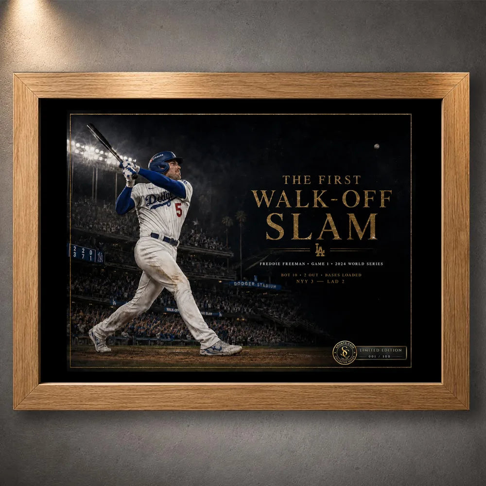 Oak framed Freddie Freeman wall art featuring the first walk-off slam design for a baseball collector display.