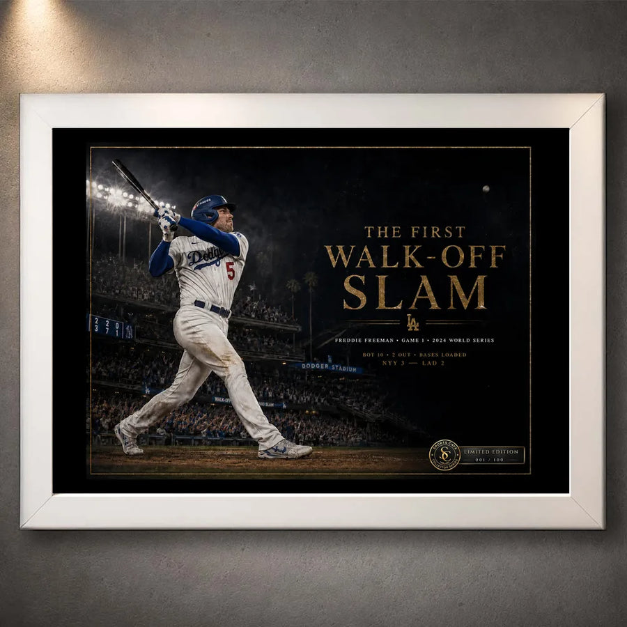 White framed Freddie Freeman wall art with the 2024 World Series walk-off slam artwork for a clean display.