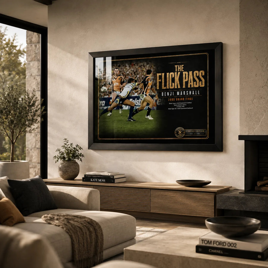 Benji Marshall wall art featuring The Flick Pass displayed in a contemporary living room with a black frame.