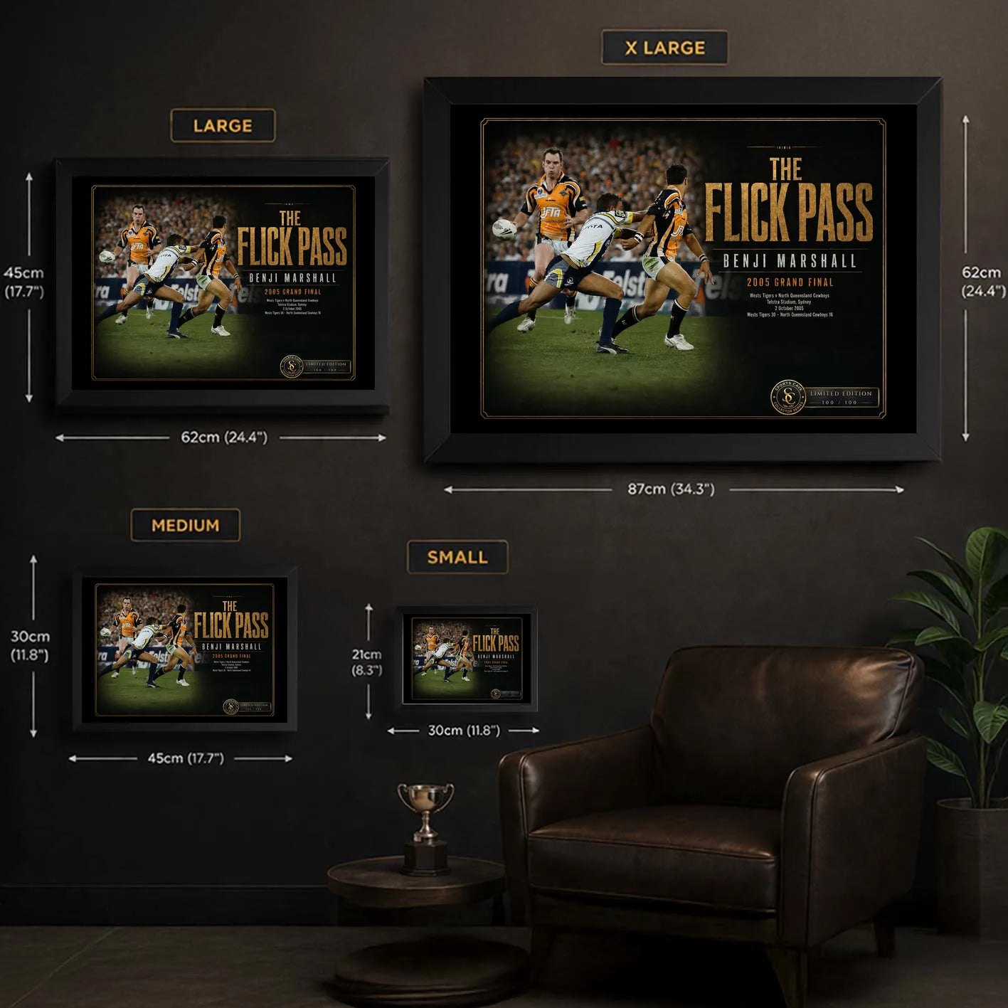 Benji Marshall wall art size guide showing Small, Medium, Large and X Large framed dimensions.
