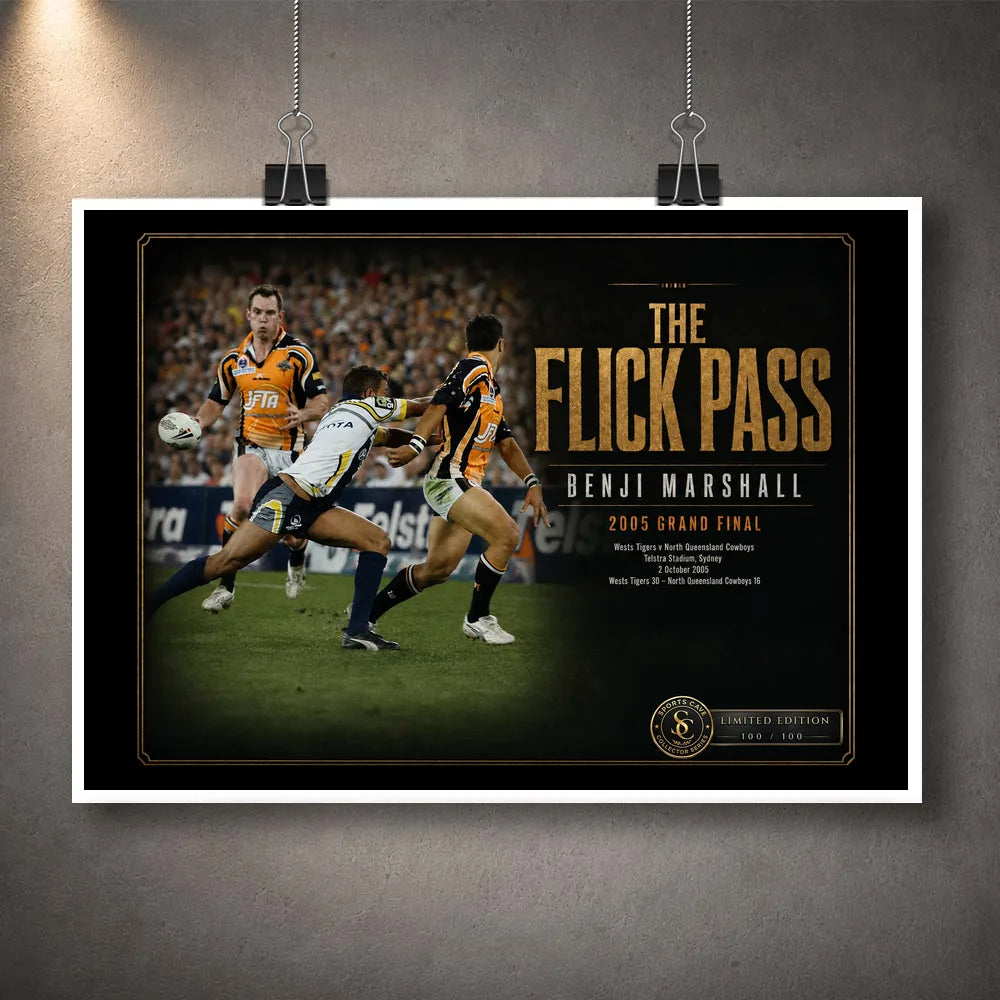 Unframed Benji Marshall wall art design featuring The Flick Pass from the 2005 Grand Final for rugby league fans.