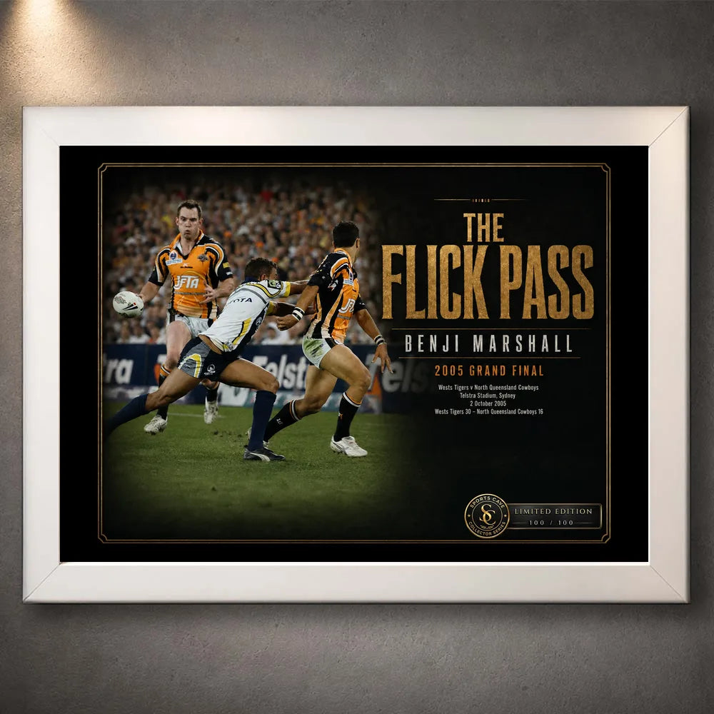 White framed Benji Marshall wall art featuring The Flick Pass artwork for a clean rugby league collector display.