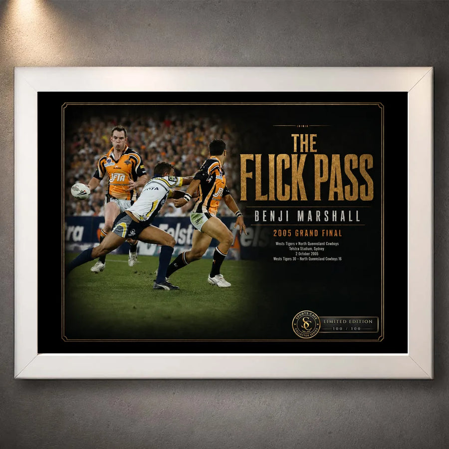 White framed Benji Marshall wall art featuring The Flick Pass artwork for a clean rugby league collector display.