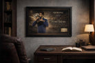 Novak Djokovic Australian Open champion artwork styled in executive office setting, refined framed sports memorabilia display.