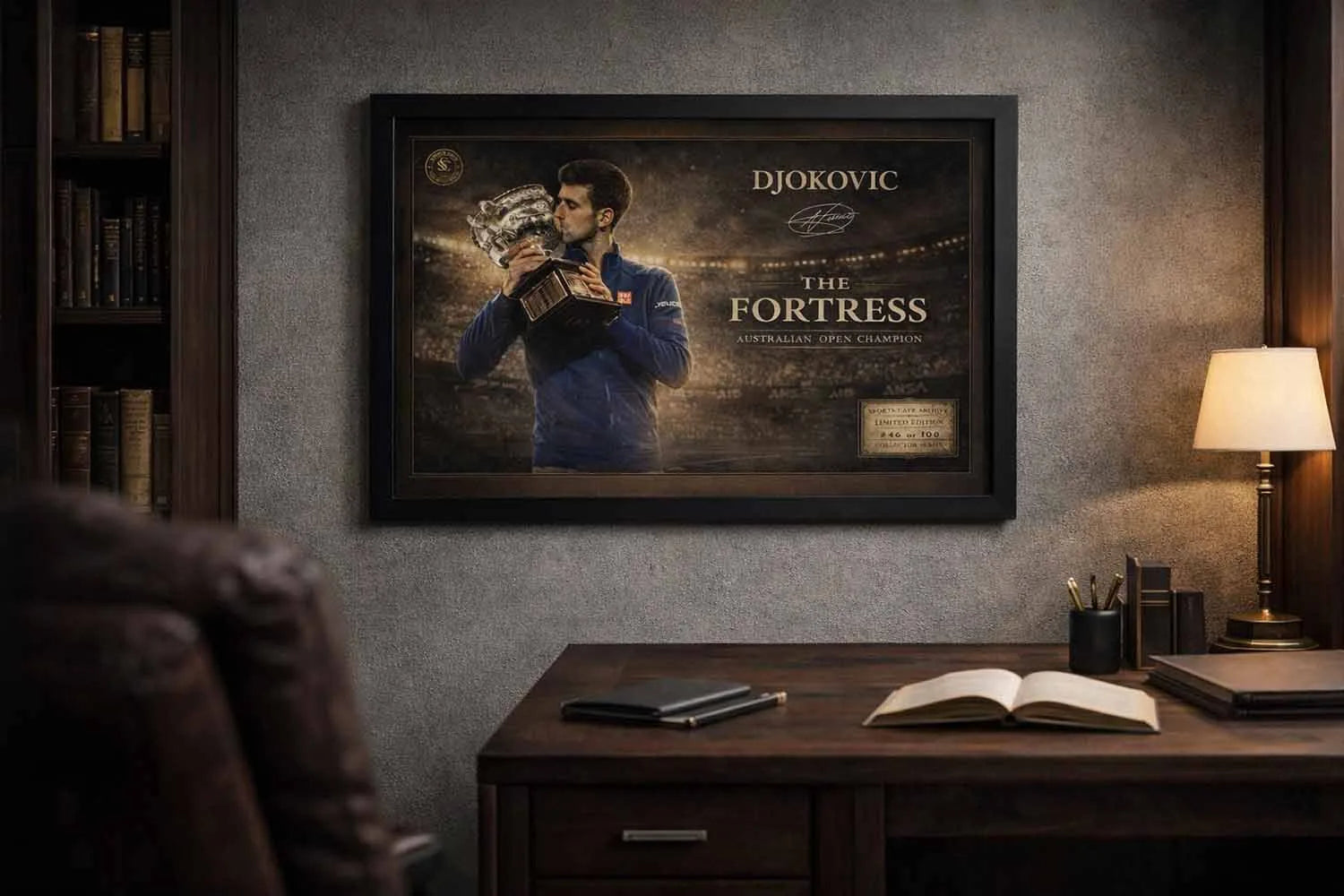 Novak Djokovic Australian Open champion artwork styled in executive office setting, refined framed sports memorabilia display.
