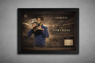 Black-framed Novak Djokovic artwork celebrating Australian Open dominance, museum-style tennis portrait for premium sports collectibles.