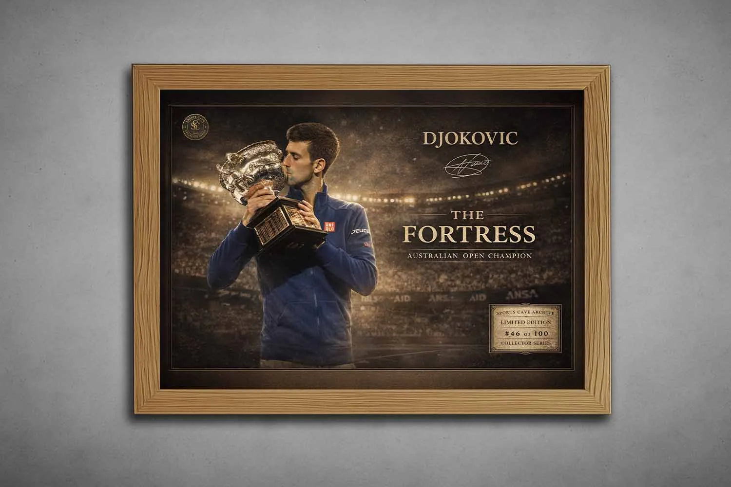 Oak-framed Novak Djokovic Australian Open champion artwork, warm classic finish showcasing elite tennis legacy as framed sports art.