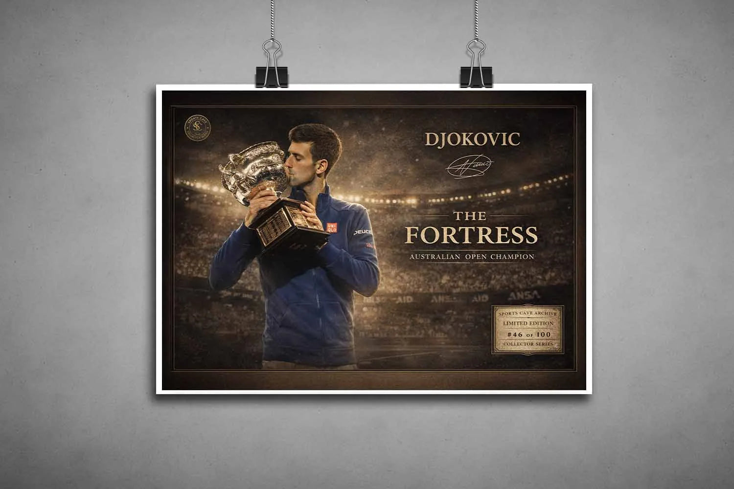 Unframed Novak Djokovic Australian Open champion print highlighting iconic tennis moment, ideal for limited edition sports prints.