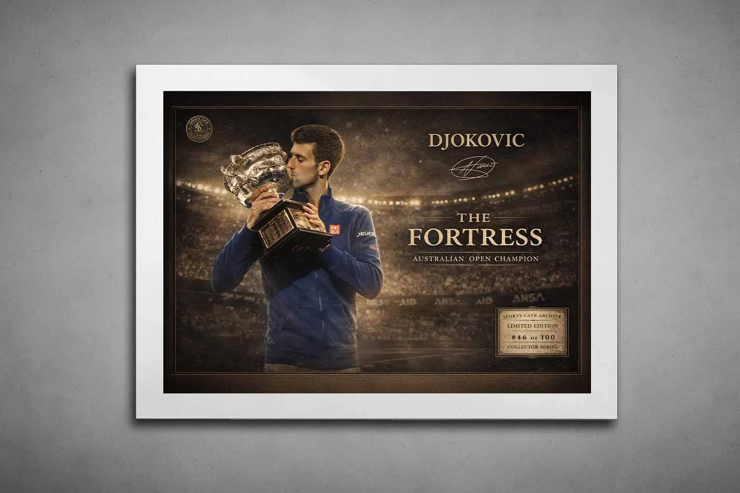 White-framed Novak Djokovic Australian Open victory artwork with clean modern contrast, refined display for sports wall art.
