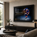Matthew Schaefer hockey wall art displayed in a refined modern living room above a low console with neutral interior styling.