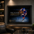 Matthew Schaefer wall art displayed in a dark sports man cave with warm shelving, leather seating and collector styling.