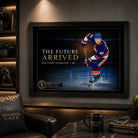 Matthew Schaefer wall art displayed in a dark sports man cave with warm shelving, leather seating and collector styling.