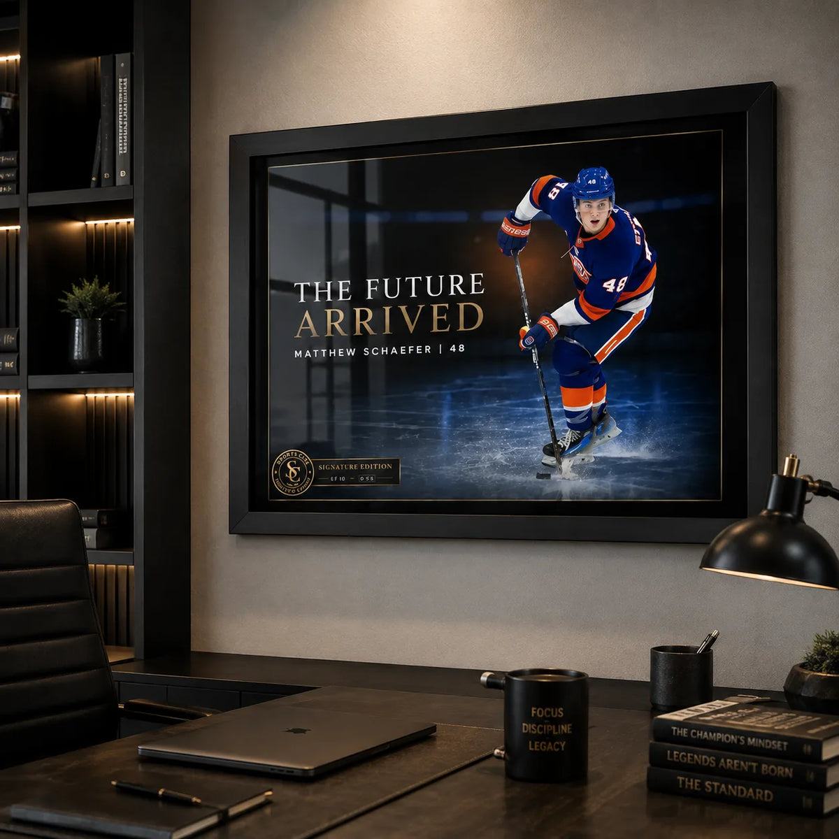 Matthew Schaefer hockey wall art displayed in a modern home office with dark shelving, desk and focused collector styling.