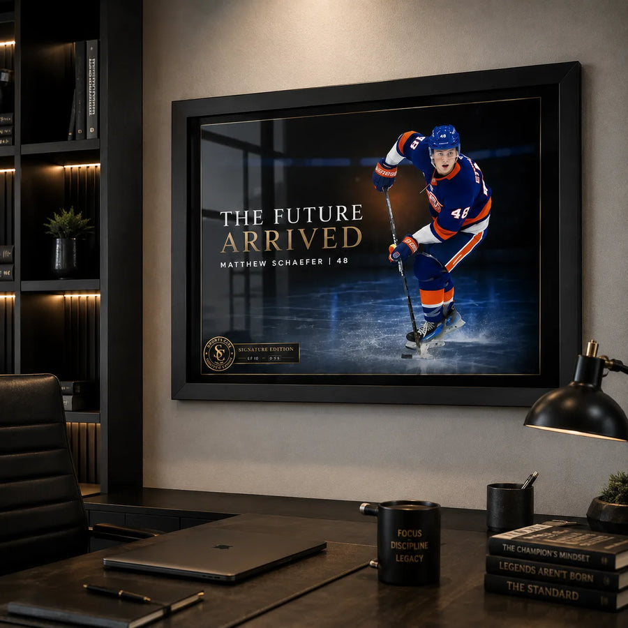 Matthew Schaefer hockey wall art displayed in a modern home office with dark shelving, desk and focused collector styling.