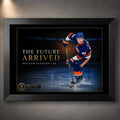 Black framed Matthew Schaefer hockey wall art featuring The Future Arrived design for a dedicated ice hockey collection.
