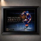 Black framed Matthew Schaefer hockey wall art featuring The Future Arrived design for a dedicated ice hockey collection.