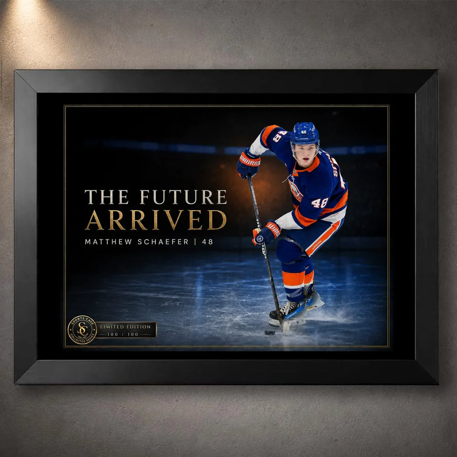 Black framed Matthew Schaefer hockey wall art featuring The Future Arrived design for a dedicated ice hockey collection.