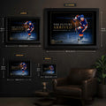 Matthew Schaefer wall art size guide showing framed XL, Large, Medium and Small dimensions in centimetres and inches.