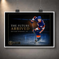 Unframed Matthew Schaefer hockey wall art design displayed with hanging clips against a dark textured wall.