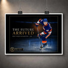 Unframed Matthew Schaefer hockey wall art design displayed with hanging clips against a dark textured wall.