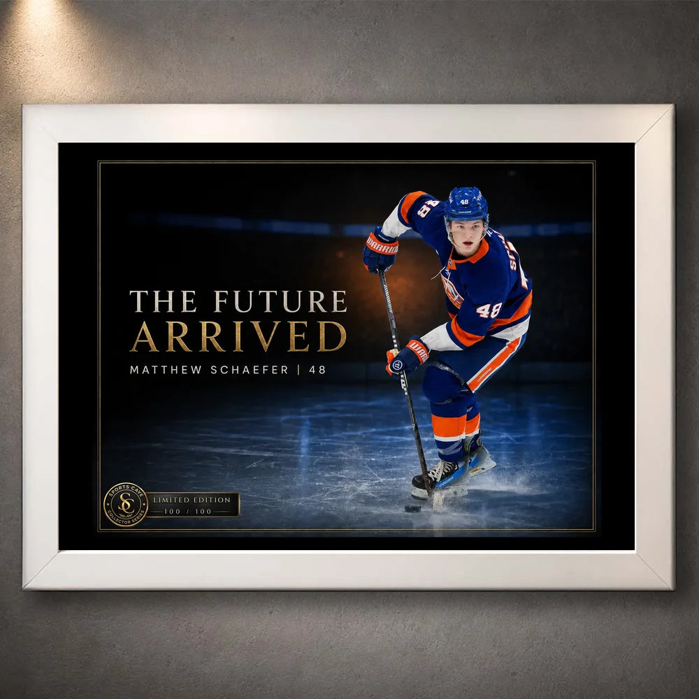 White framed Matthew Schaefer hockey wall art featuring The Future Arrived design against a dark gallery-style wall.