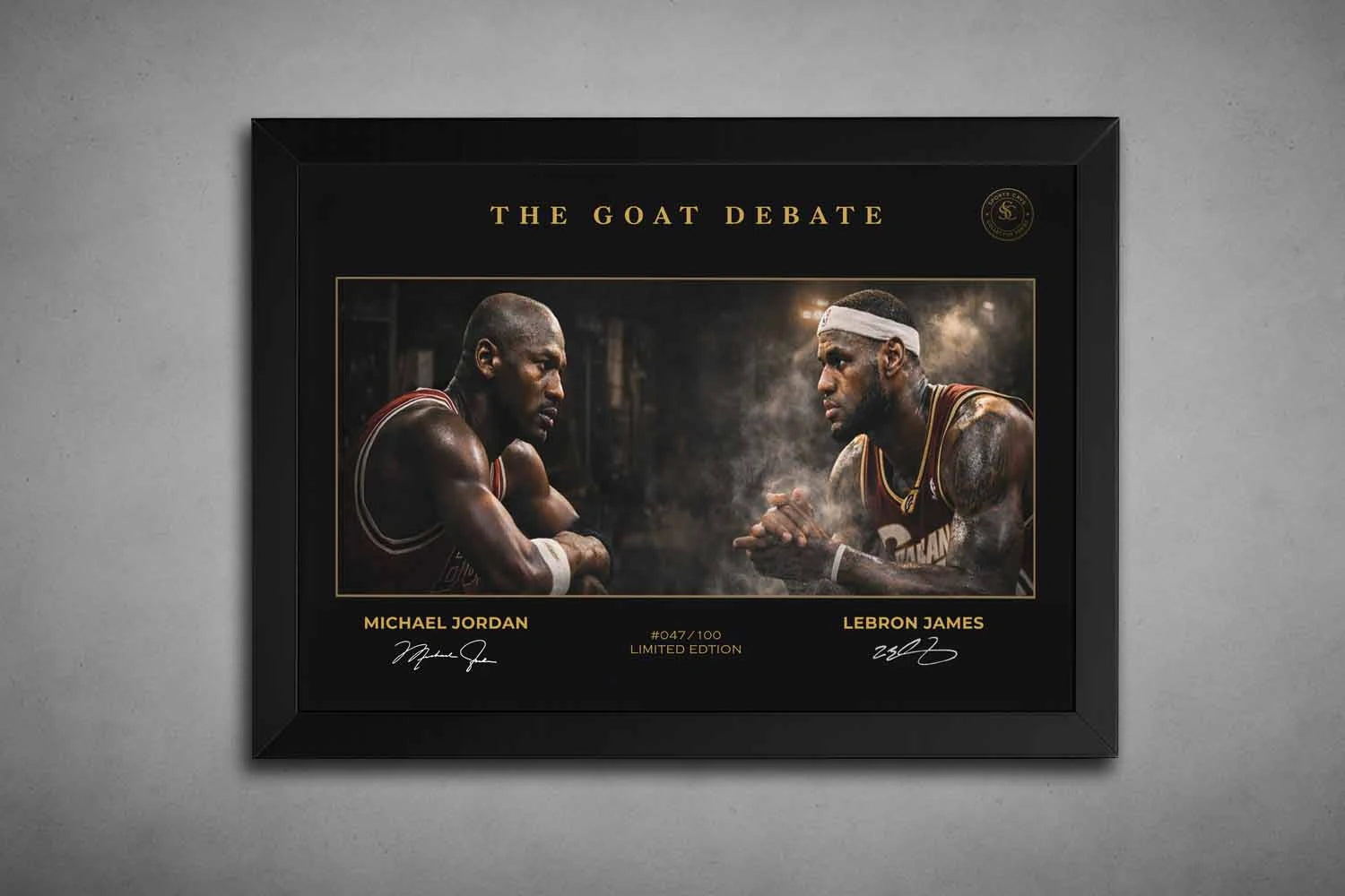 Limited edition NBA wall art featuring Michael Jordan vs LeBron James in a premium black frame, collector sports wall art by Sports Cave.