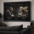 Framed Michael Jordan vs LeBron James NBA wall art displayed in a modern living room, premium sports decor for basketball fans