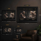 Size guide showing available dimensions for Michael Jordan vs LeBron James NBA wall art, framed sports artwork by Sports Cave.
