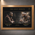 Michael Jordan vs LeBron James NBA wall art in oak frame, premium framed basketball artwork for sports collectors.
