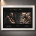 Michael Jordan vs LeBron James NBA wall art in white frame, modern framed basketball artwork for home or office.
