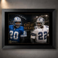 Black framed Sanders vs Smith NFL wall art featuring The Great Debate rivalry design for a sports room or collector wall.