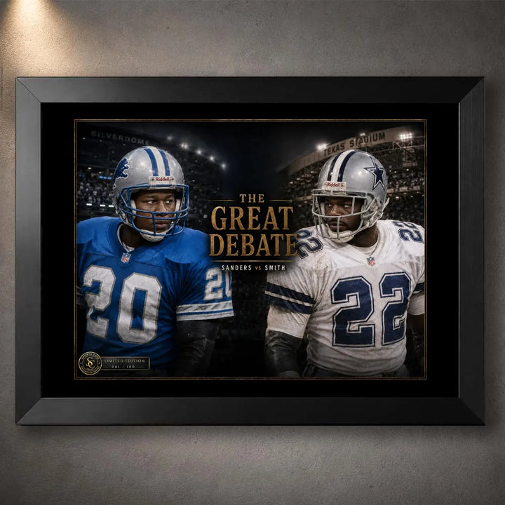 Black framed Sanders vs Smith NFL wall art featuring The Great Debate rivalry design for a sports room or collector wall.