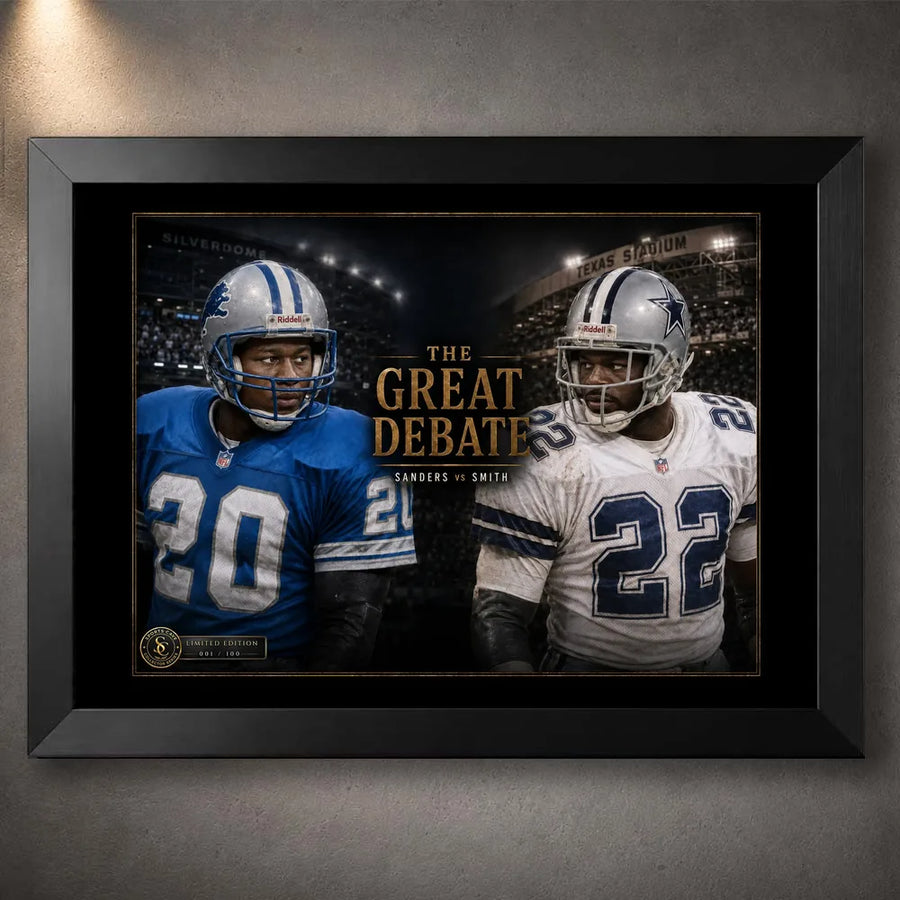 Black framed Sanders vs Smith NFL wall art featuring The Great Debate rivalry design for a sports room or collector wall.