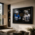 Sanders vs Smith NFL wall art displayed in a warm modern living room with black frame and soft natural daylight.