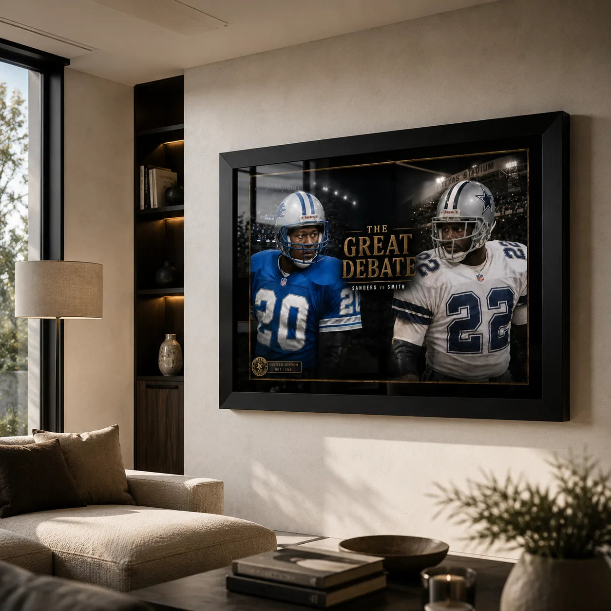 Sanders vs Smith NFL wall art displayed in a warm modern living room with black frame and soft natural daylight.