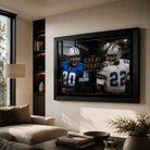 Sanders vs Smith NFL wall art displayed in a warm modern living room with black frame and soft natural daylight.