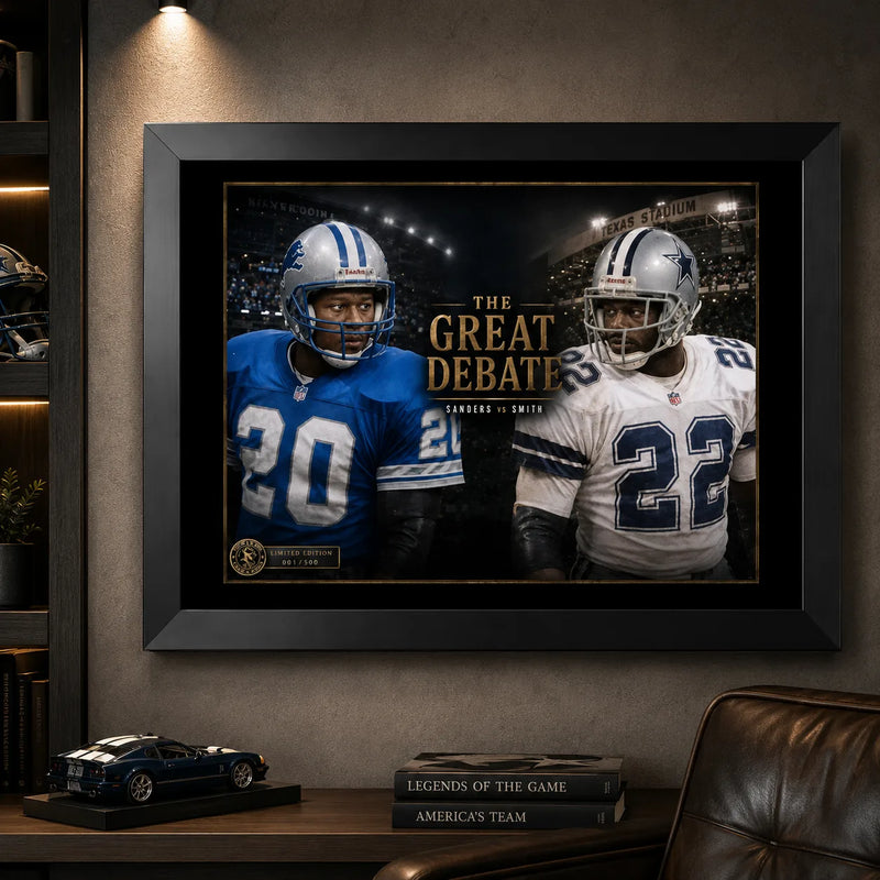 Sanders vs Smith NFL wall art displayed in a dark premium man cave with black frame and warm collector-style lighting.