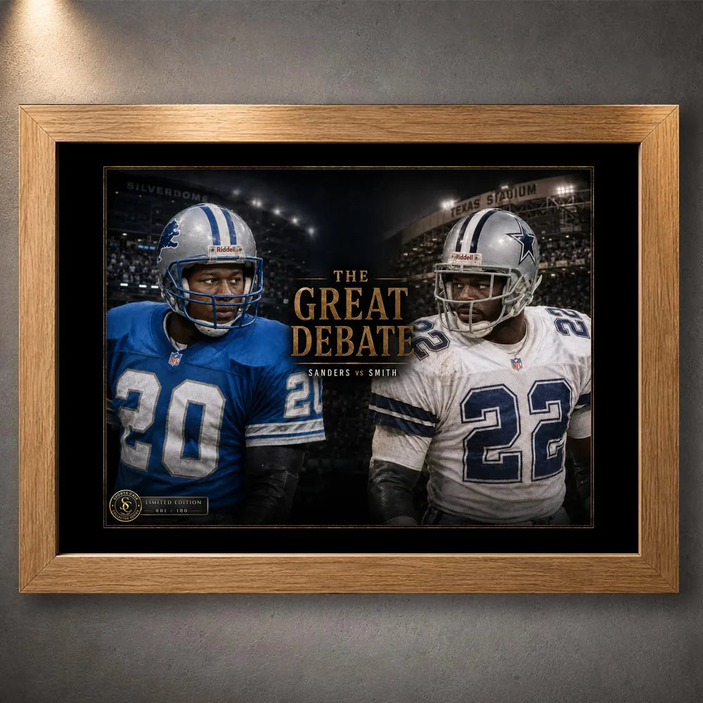 Oak framed Sanders vs Smith NFL wall art featuring The Great Debate rivalry design for a warm collector-style display.