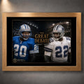 Oak framed Sanders vs Smith NFL wall art featuring The Great Debate rivalry design for a warm collector-style display.