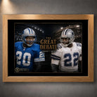 Oak framed Sanders vs Smith NFL wall art featuring The Great Debate rivalry design for a warm collector-style display.