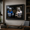 Sanders vs Smith NFL wall art displayed in a refined home office with black frame, desk, shelving and natural window light.