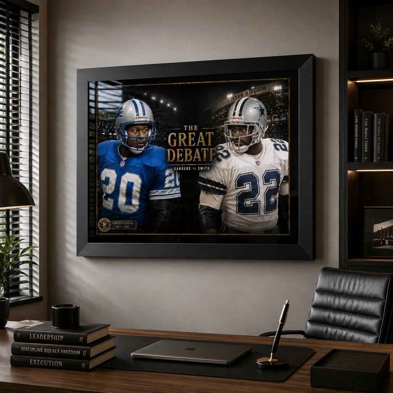 Sanders vs Smith NFL wall art displayed in a refined home office with black frame, desk, shelving and natural window light.