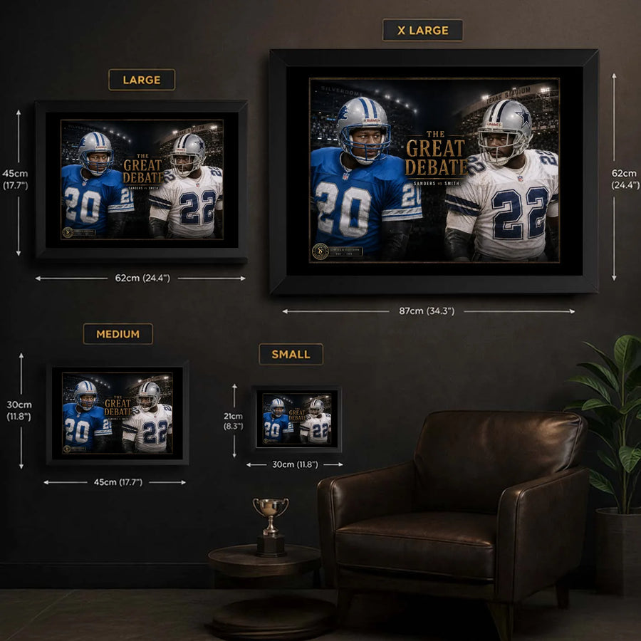 Sanders vs Smith NFL wall art size guide showing Small, Medium, Large and X Large framed dimensions in centimetres and inches.