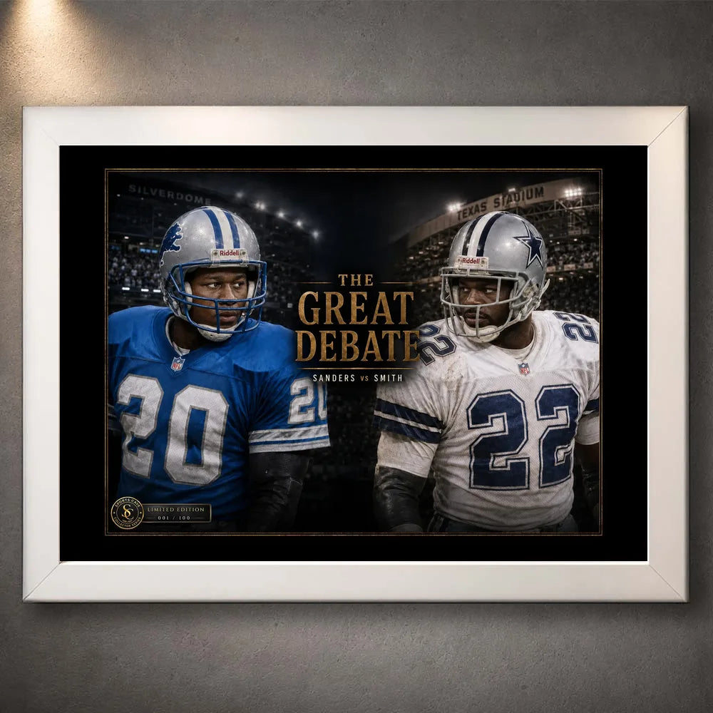 White framed Sanders vs Smith NFL wall art featuring The Great Debate rivalry design for a clean collector-style display.